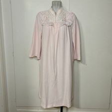 Vintage 80s Pink Fleece Lace Ruffle Trim Long Sleeve Night gown House Dress Robe