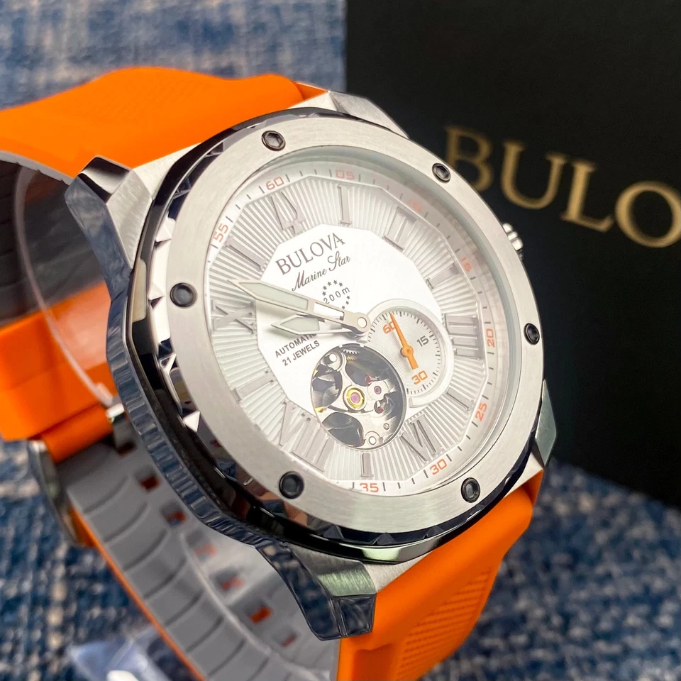 Bulova Marine Star Automatic White Dial Orange Rubber Strap Men's Watch 98A226 - Image 4 of 4