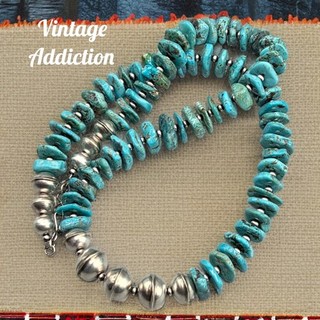 Kingman Turquoise Navajo Pearl Bench Bead Necklace Sterling Chunky Southwest 21"