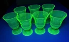 Antique Green Uranium Glass Footed Tullip Tumblers Set of 7