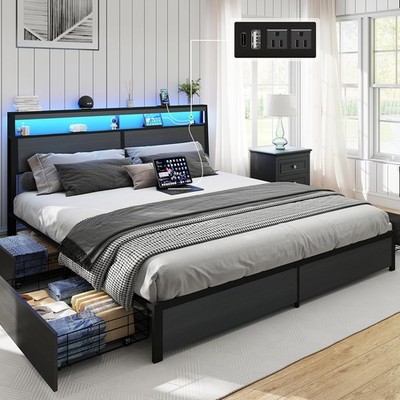 Queen Size LED Bed Frame with Storage Headboard and 4 Drawers Charging Station