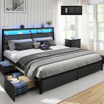 #ad Queen Size LED Bed Frame with Storage Headboard and 4 Drawers Charging Station $199.98