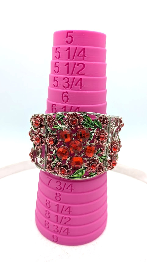 Red Rhinestone Cuff Bracelet Silver Floral - image 7