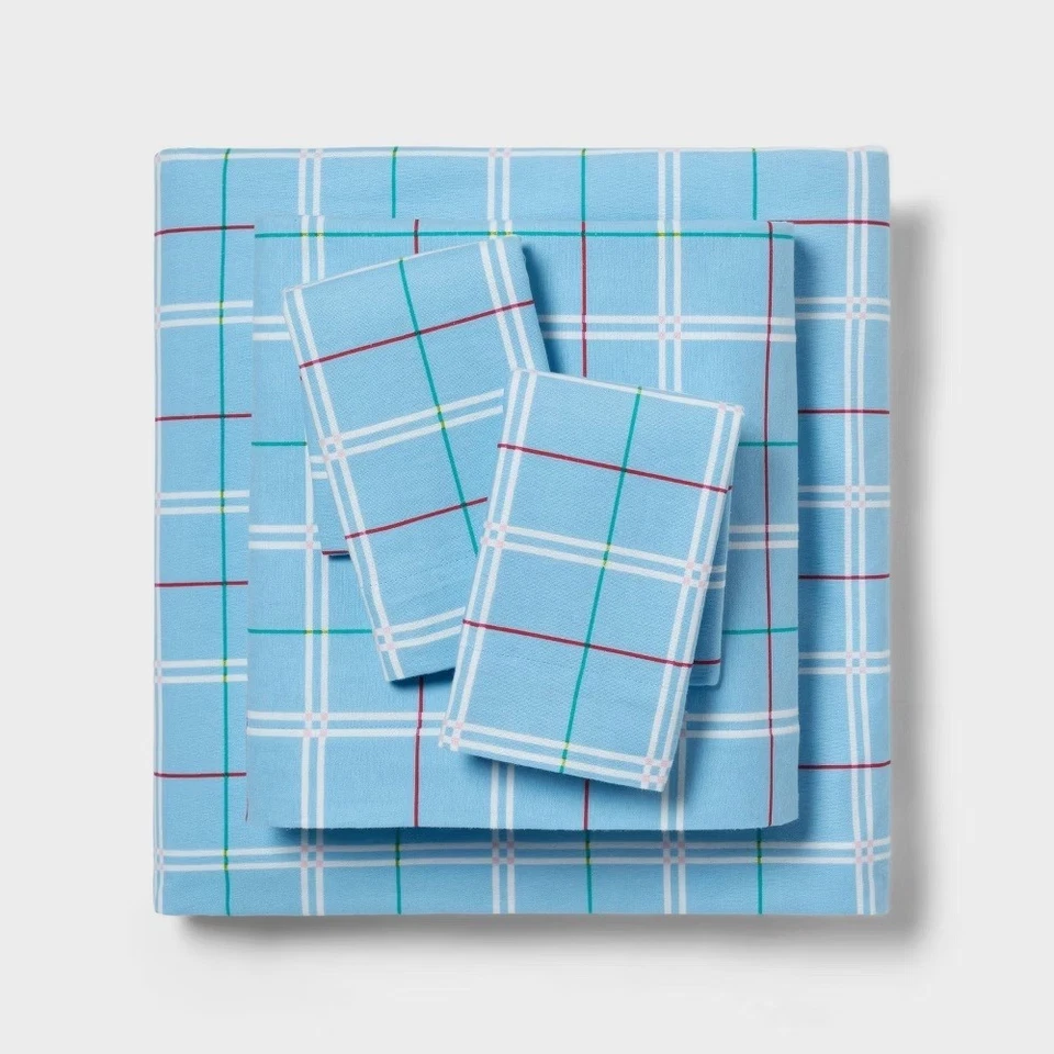 Juego de sábanas de franela de algodón de Navidad Wondershop - cuadros azules, dobles #C707 Foto 2 de 4