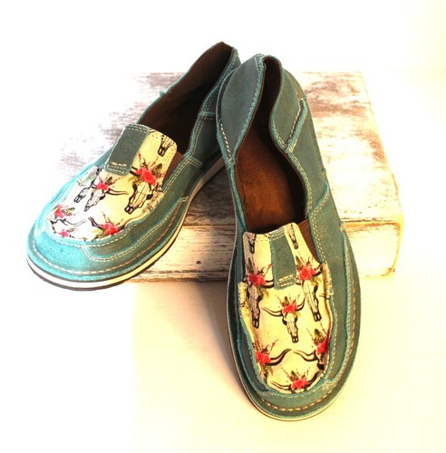 Ariat Women's Cruiser Shoes 8B Steer Skull Western Cowgirl Teal Tan Boho Loafer - Picture 2 of 11