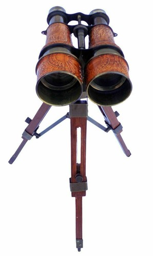 Nautical Brass Binocular Leather Bounded Telescope With Table/Desk Tripod Stand - Picture 5 of 5