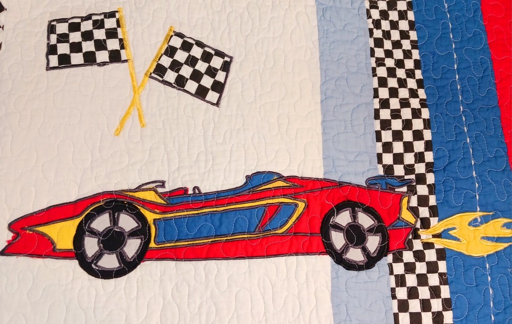 Race Car Quilted Pillowcase Standard Size Cotton Racing Checkered Flags