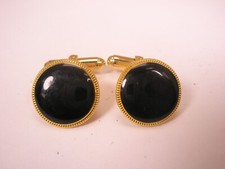 5/8" Round Black Stone Cabochon  Gold Tone Vintage HINGED SMALL Cuff Links