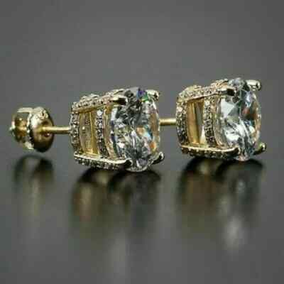 4Ct Lab Created Diamond Men's Solitaire Stud Earrings 14K Yellow Gold Over