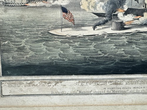 1862 Currier & Ives Civil War Lithograph ‘Monitor & Merrimac’ Ironclad Battle - Picture 8 of 14