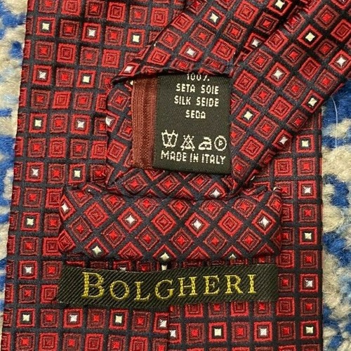 Bolgheri Red White Navy Blue Geometric Squares 100% Silk Necktie Made in Italy - Imagen 4 de 4