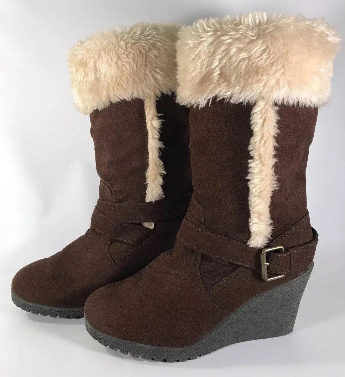 American Eagle Wedge Heel Winter Boots Size 9 Faux Suede Faux Fur Dark Brown