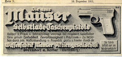 Mauser Selbstlade- Taschenpistole Oberndorf Württemberg Histor. Annonce von 1911