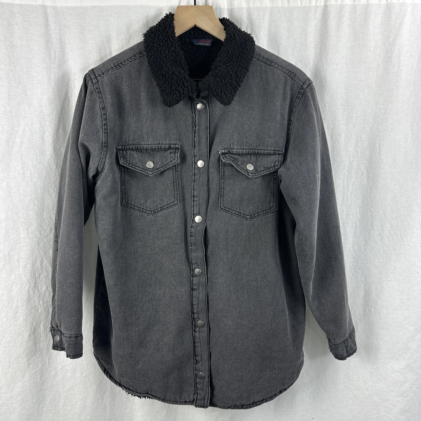 Excuse Never Enough Vintage Sherpa Lined Gray Denim Snap Button Jacket Size M
