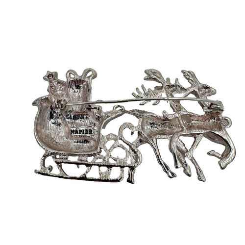 Napier Christmas Sleigh Sled Gifts Reindeer Brooch Pin Silver Tone - Picture 2 of 8