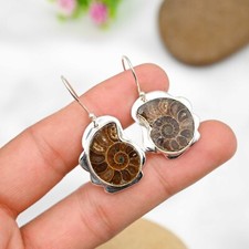 Ammonite Fossil Gemstone Earrings 925 Sterling Silver Handmade Jewelry Love Gift