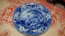 1830's Rose Flower Border Blue Transfer Stew Plate Sheep Shepherd Playing Flute