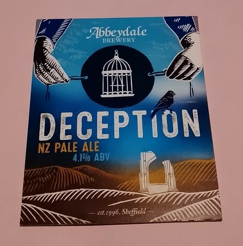 ABBEYDALE BREWERY DECEPTION NZ PALE ALE BEER PUMP HANDLE CLIP BADGE 4.1 % ABV AB