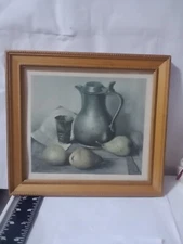 Vintage Hank Bog Still Life Fruit Print Pitcher Metal Wood Braided Frame 