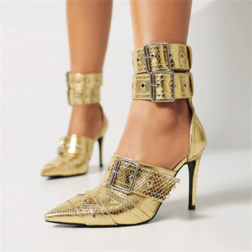 Women Heels Bling Buckle Pointed Toe Stilito Heel Elegant High-heeled Sandals - Picture 4 of 18