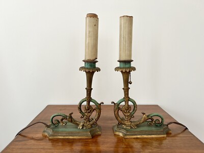 Pair Antique gilt bronze green neoclassical signed Cas-O-lux Candlestick Lamps