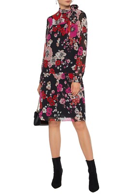 Mikael Aghal Pussy bow floral pleated fil coup chiffon dress NWT 4 $795.00