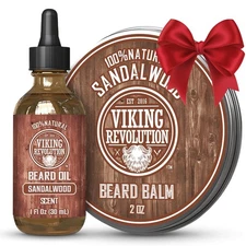 Viking Revolution Sandalwood Beard Balm for Men (2oz) and Sandalwood Beard Oi...