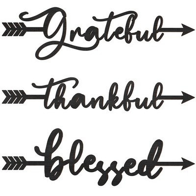 3 Pcs Thankful Grateful Blessed Letter Sign Arrow Wall Decor Wood Cutout Scul...