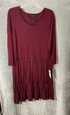 AB Studio Burgundy Knit Sweater Dress XL Textured Pleated Hem Fall Winter Chic
