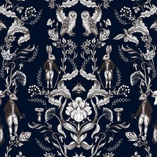 Dark Whimsical Wallpaper Peel and Stick Navy Blue and White Fairy Forest Wall...