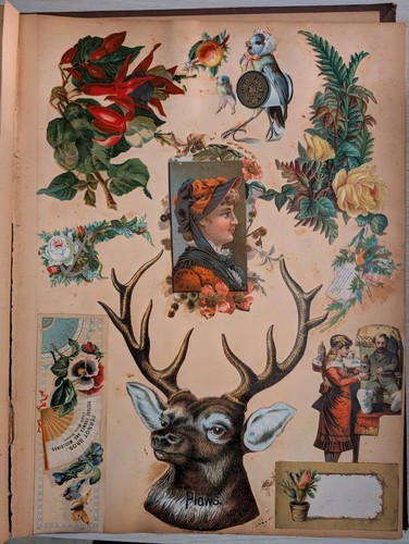 Victorian Scrapbook Page c.1880s Diecuts With John Deere Ephemera - 11x7" 