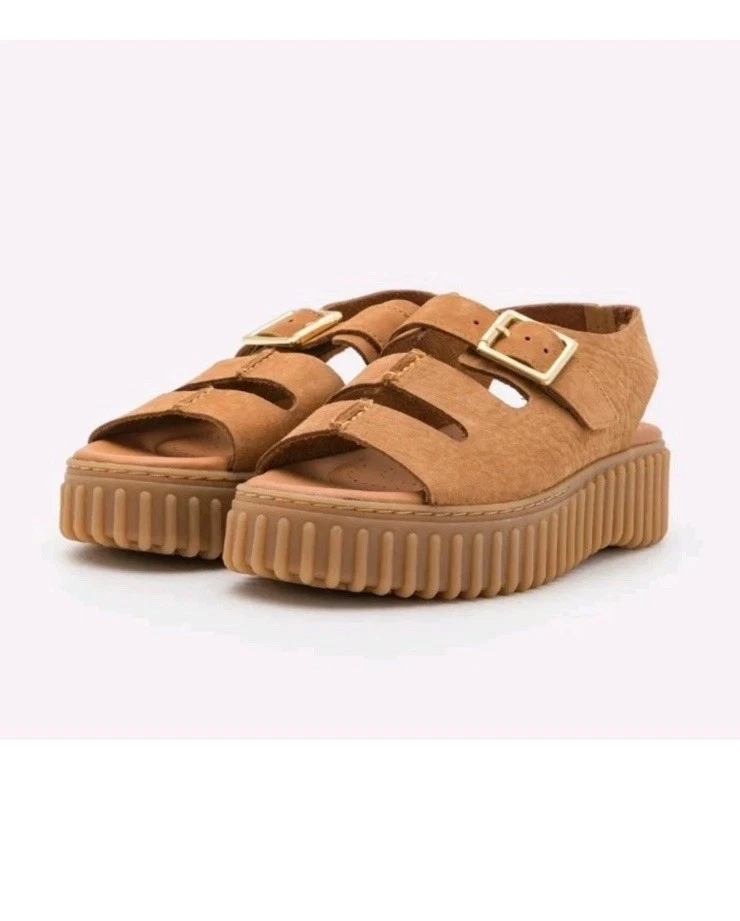 Sandali Clarks nuovi con scatola donna TORHILL SEAM TAN PLATFORM in pelle taglia UK 7 D EU 41