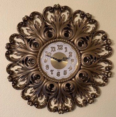 Burwood McM/Hollywood Regency Ornate Wall Clock Battery Powered Works Great USA