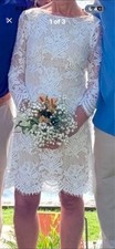 White Lace Sheath Knee Length Dress 3/4 Sleeve Boat Neck Wedding Classic