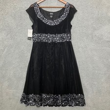 $196 Adrianna Papell Evening Midi Dress 12 Black Silk Beaded Sequin Cocktail