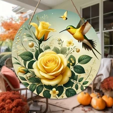 1pc 8x8 Inch Round Aluminum Wall Art - Golden Hummingbird & Yellow Rose Metal Si
