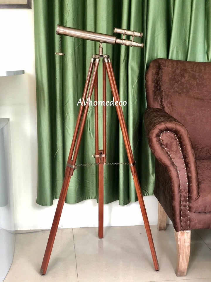 Floor Standing Brass Telescope Adjustable Tripod Wooden Stand Fully Functional - Image 3 of 4