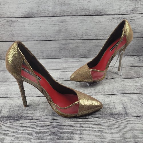 CHARLES JOURDAN 8.5 Gold Muted Clear Insert Pointed Toe Heels Pumps - Picture 2 of 6