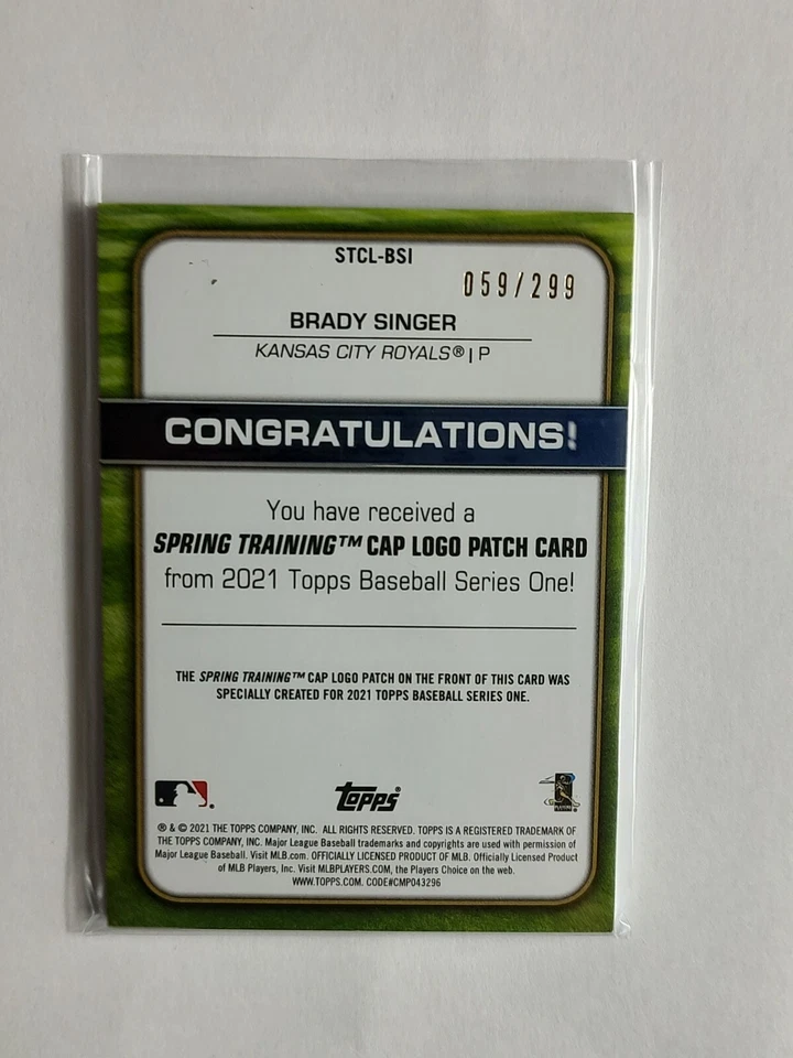 2021 TOPPS SPRING TRAINING CAP LOGO BRADY SINGER RC BASEBALL CARD 059/299 - Image 2 of 2