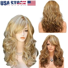 Women Long Blonde Curly Wig Natural Wavy Hair Wigs w/ Bangs Cosplay Party 23"