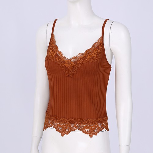 Women Lace Trimming V Neck Crop Top Ribbed Summer Camisole Spaghetti Strap Vest - Picture 49 of 64