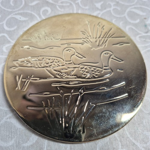 Vintage Brass Engraved Etched Bar Ware Ducks Cattail Coasters & Holder Set of 6 - Picture 2 of 11
