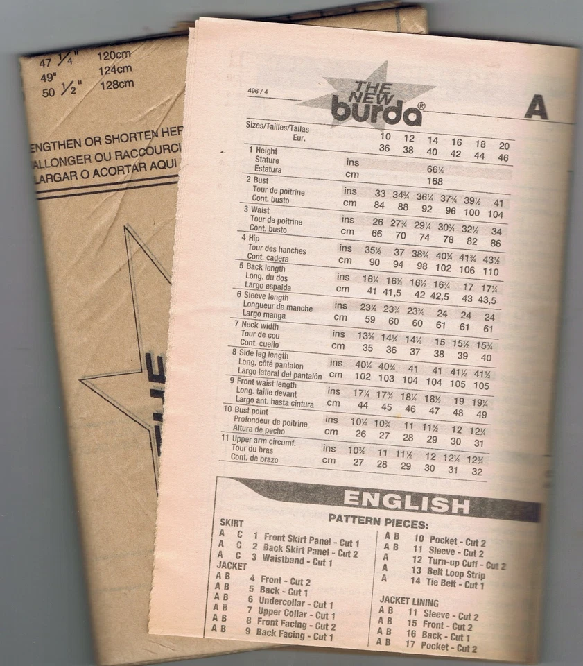 Uncut Burda Pattern 3337 Womens Suit 10-20 Straight Skirt Long Safari Jacket FF - Image 3 of 4