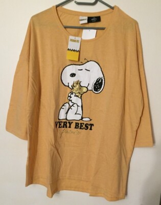 NEU SNOOPY PEANUTS GLITZER 3/4-ARM DAMENSHIRT LONGSHIRT L 44/46 BLUSE TOP OCKER