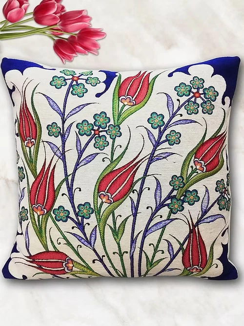 Turkish Tulip Tile Pattern Gobelin Pillow Covers,Tapestry Decorative Pillow Case - Image 2 of 4