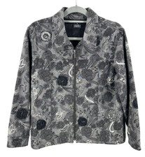 Multiples Womens Denim Jacket Size M Floral Embroidered Beaded Zip Art To Wear