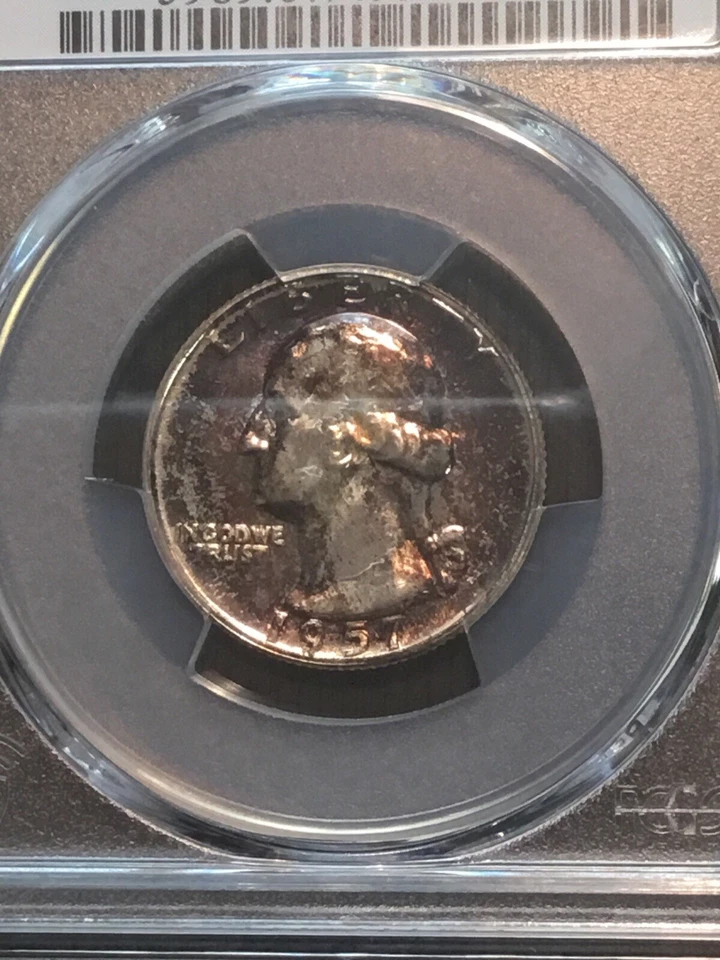 1957 US Washington TONED RED BLUE GOLD Silver 25 Cent PCGS PR67 Free Bonus Coin - Image 3 of 4