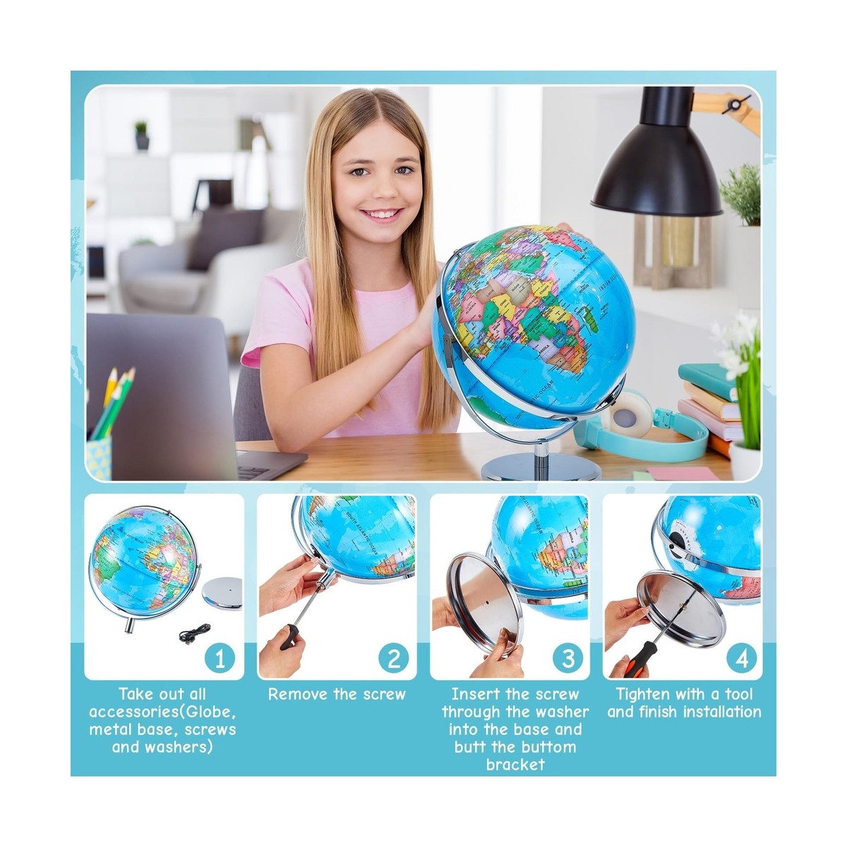 Amylove 13'' Illuminated World Globe For Adults 720°/360° Rotation Rewritable Light - View #6