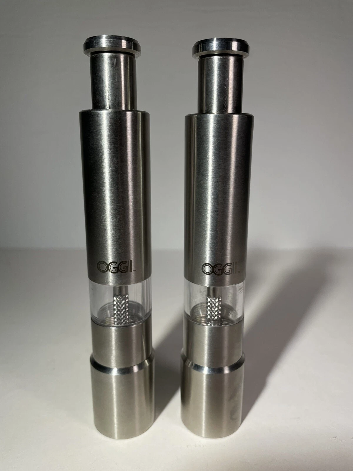 LOT of Two 6" OGGI Silvertone Metal Small Modern Salt and Pepper Grinders