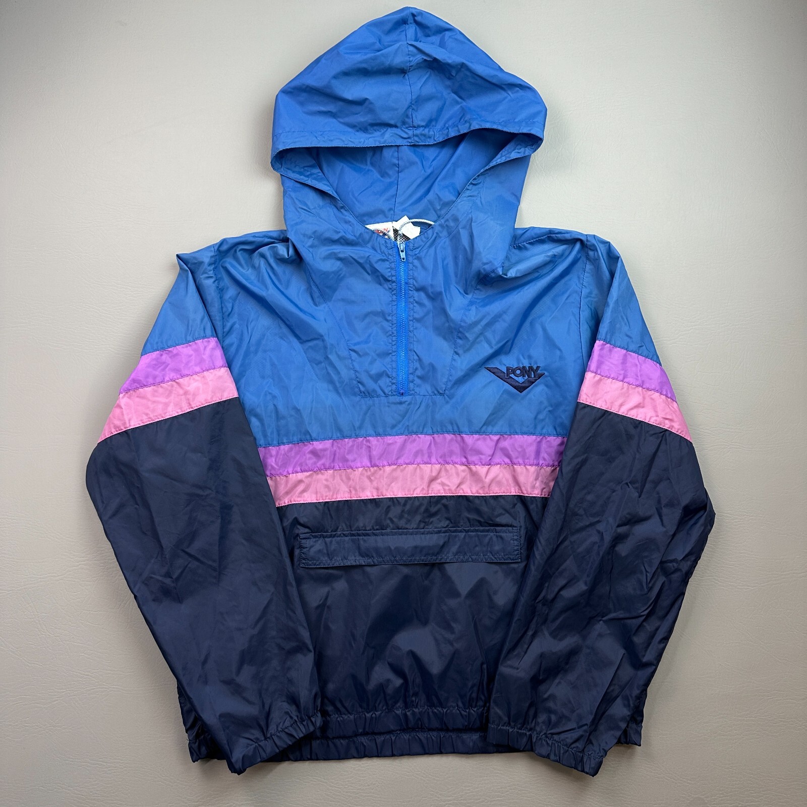 Giacca a vento vintage PONY uomo grande blu 1 4 zip con cappuccio giacca anorak anni 90